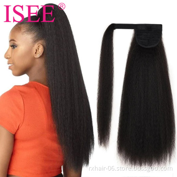 Natural Color Human Hair Kinky Straight Ponytail,Wholesale Long Drawstring Ponytail With Clips Human Hair Extension Ponytail
